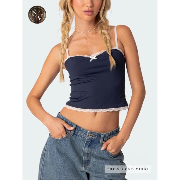 Edikted Tops - NWT Edikted Alara Lace Trim Tank Spaghetti Strap Y2K Navy White Medium